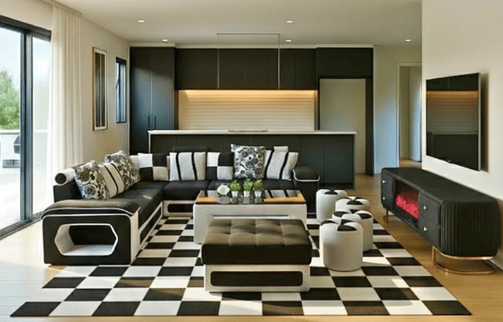 7 Seater Scandinavian Sofa Set (Apna Sofa) | Ottoman, Foot Stools & Table (Grey & Brown)