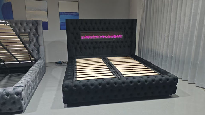 Eclipse Modern Chesterfield Bed | Electric Fireplace | Custom Color (White, Cream, Blue, Green, Black)